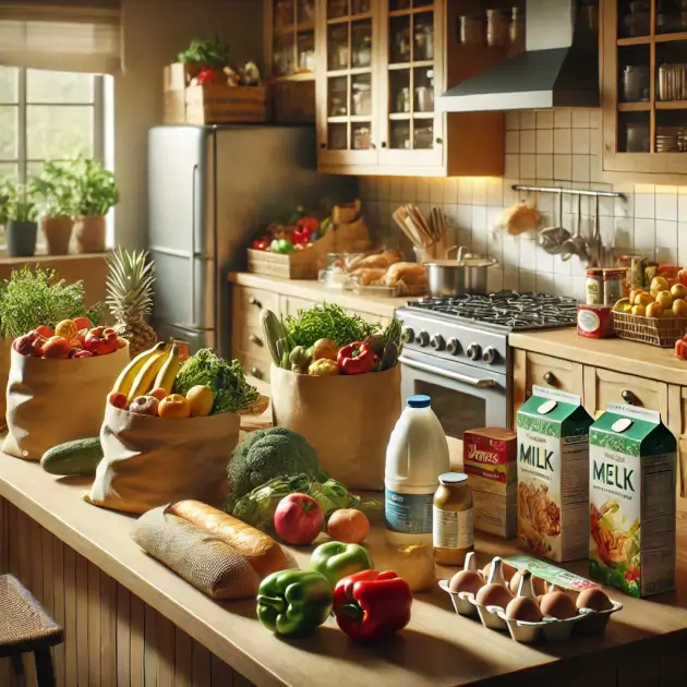 A lot of groceries lined up on a kitchen counter.