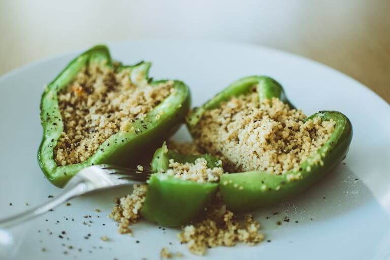 A stuffed green bell pepper