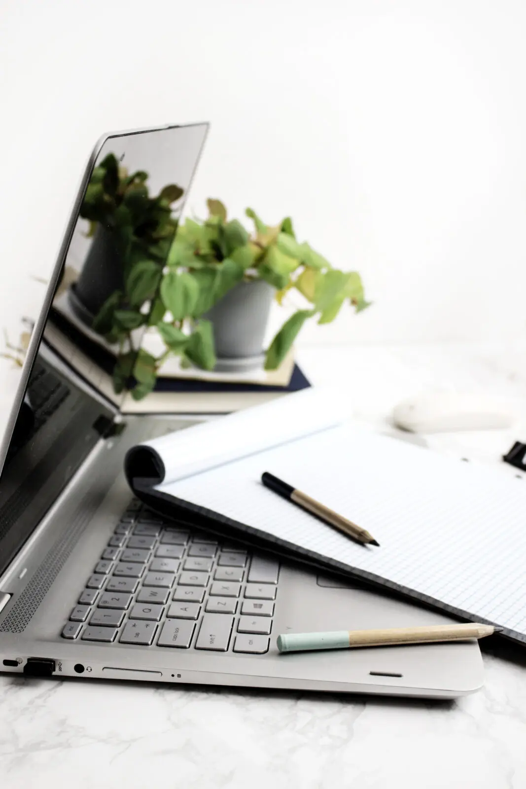 Desk with laptop, notebook, and greenery—capturing the feeling of working through job insecurity from home.