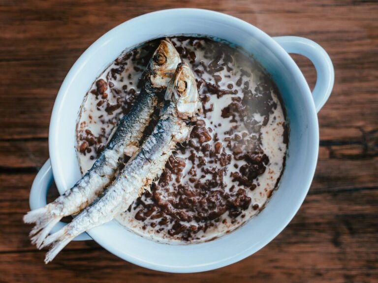 Filipino chocolate rice porridge in light blue bowl, with dried salted fish on top.