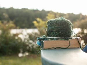 Sanity savers moment: blue-green yarn ball resting on book outdoors, offering peaceful break with nature in background.